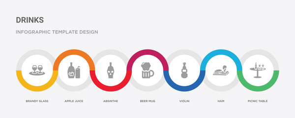 7 filled icon set with colorful infographic template included picnic table, ham, violin, beer mug, absinthe, apple juice, brandy glass icons