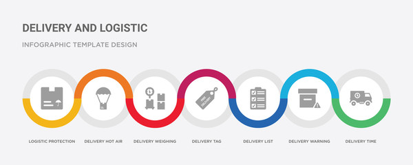 7 filled icon set with colorful infographic template included delivery time, delivery warning, delivery list, tag, weighing, hot air balloon, logistic protection icons