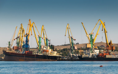 Black sea port and harbor cranes