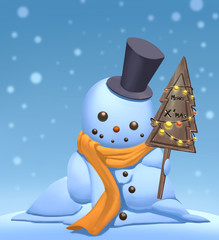 The snowman holding his wooden Christmas card shows it’s time for celebration.