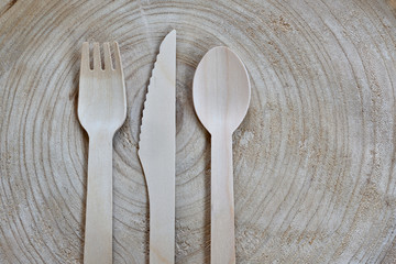 Plastic-free, environmentally friendly disposable cutlery made of wood. Wooden fork, knife and...