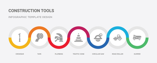 7 filled icon set with colorful infographic template included dumper, road roller, circular saw, traffic cone, plumbing, tape, crowbar icons © Meth Mehr