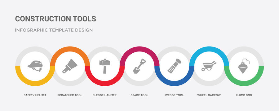 7 filled icon set with colorful infographic template included plumb bob, wheel barrow, wedge tool, spade tool, sledge hammer, scratcher tool, safety helmet icons