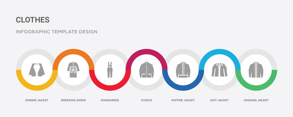 7 filled icon set with colorful infographic template included jogging jacket, suit jacket, puffer jacket, fleece, dungarees, dressing gown, dinner icons © Meth Mehr