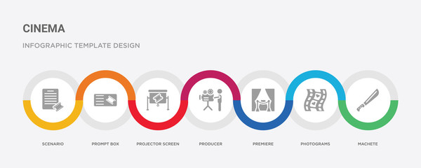 7 filled icon set with colorful infographic template included machete, photograms, premiere, producer, projector screen, prompt box, scenario icons