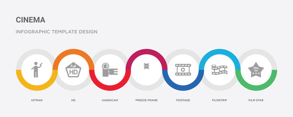 7 filled icon set with colorful infographic template included film star, filmstrip, footage, freeze frame, handicam, hd, hitman icons