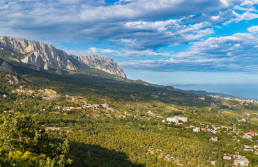 Scenic view of Crimean mountains and mount Ai-Petri over the Black Sea