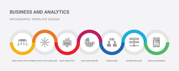 7 filled icon set with colorful infographic template included circular graphic of mobile, connected data, consulting, data analysis pie chart, data analytics, analytics circular, analytics flow