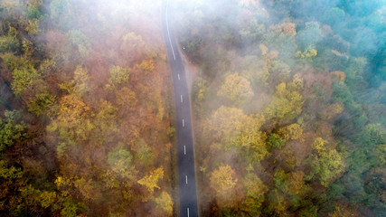 Top view of straight hill roadway with autumn colors and fog