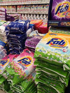 KUALA LUMPUR, MALAYSIA -JULY 12, 2019: Selected focused powder detergent in plastic packaging displayed stacked together inside the huge supermarkets. 