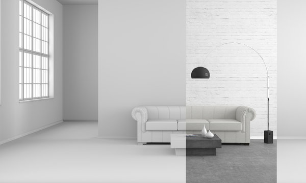 abstract colored strip slider in living room without colors in the background - 3D rendering