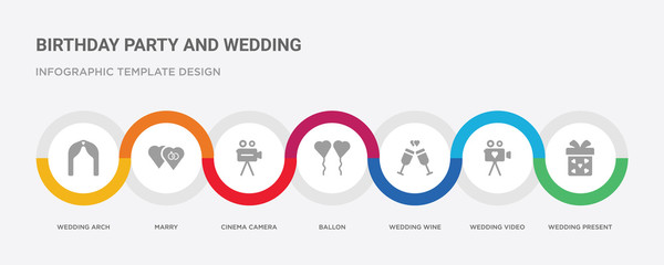 7 filled icon set with colorful infographic template included wedding present, wedding video, wedding wine, ballon, cinema camera, marry, arch icons © Meth Mehr