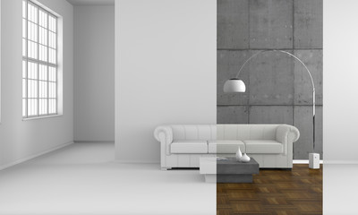 abstract colored strip slider in living room without colors in the background - 3D rendering