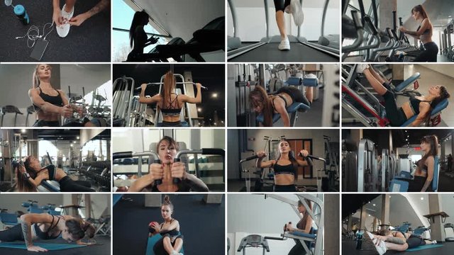 collage of beautiful slim sport woman doing gymnastics and power lifting exercises at the gym. Fitness girl gym concepts, multi screen camera