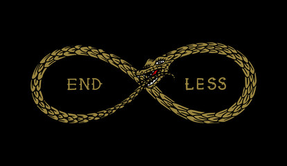 Snake in the shape of infinity in vintage style. Playing cubes. End less means endless. Hand drawn engraved retro american old school illustration for tattoo, t-shirt and logo or badge.