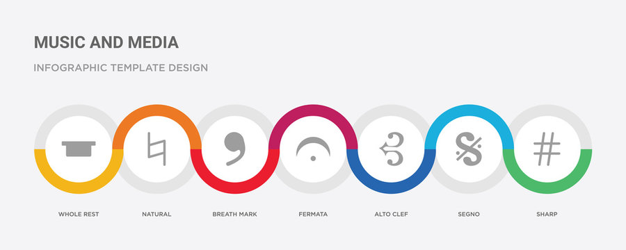 7 filled icon set with colorful infographic template included sharp, segno, alto clef, fermata, breath mark, natural, whole rest icons