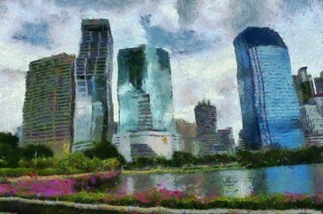 The landscape of tall buildings and water Illustrations creates an impressionist style of painting.