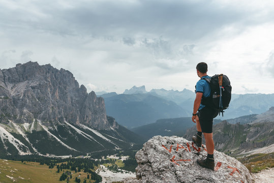 hiker enjoying the view in the dolomites