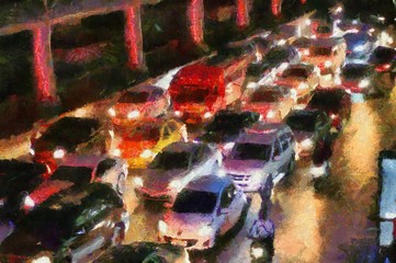 Road landscape in traffic jam Illustrations creates an impressionist style of painting.