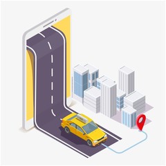 Taxi service mobile application, vector flat isometric illustration