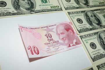a ten Turkish Lira note surrounded by one hundred American dollars