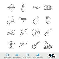 Weapons, war, army arsenal related vector line icon set