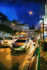 Fototapeta na wymiar Road landscape in traffic jam Illustrations creates an impressionist style of painting.