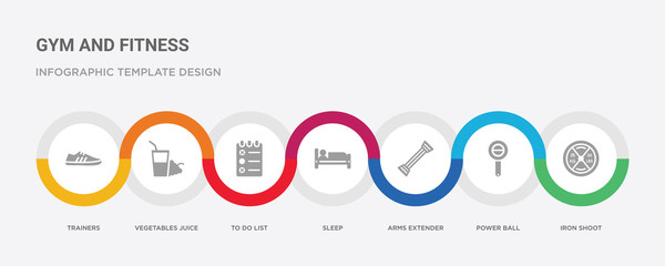 7 filled icon set with colorful infographic template included iron shoot, power ball, arms extender, sleep, to do list, vegetables juice, trainers icons