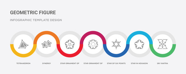7 filled icon set with colorful infographic template included sri yantra, star in hexagon of small triangles, star of six points, star ornament of small triangles, ornament triangles, synergy,