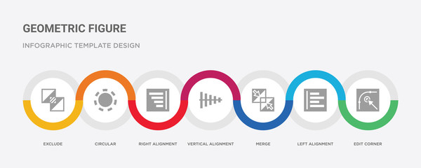 7 filled icon set with colorful infographic template included edit corner, left alignment, merge, vertical alignment, right alignment, circular, exclude icons