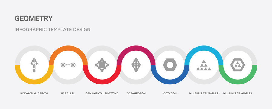 7 filled icon set with colorful infographic template included multiple triangles inside hexagon, multiple triangles triangle, octagon, octahedron, ornamental rotating polygonal, parallel, polygonal