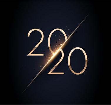 Trendy Elegant 2020 golden in black background with shining bokeh. Happy New Year sign on winter holiday background. Vector New Year illustration.
