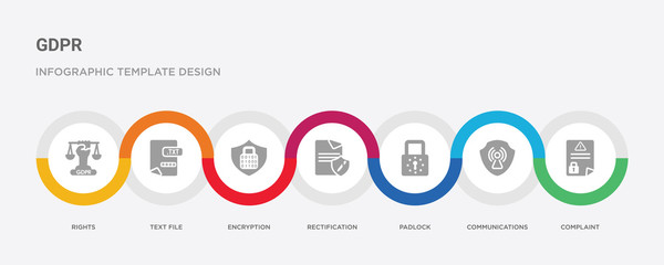 7 filled icon set with colorful infographic template included complaint, communications, padlock, rectification, encryption, text file, rights icons