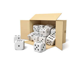 3d rendering of cardboard box lying sidelong full of white dice with black spots.