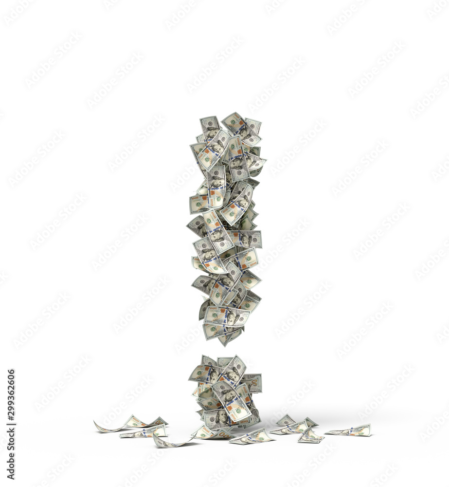 Poster 3d rendering of exclamation mark made up of dollar banknotes.