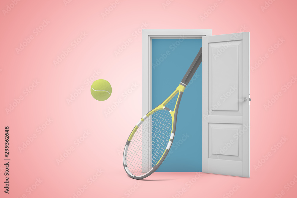 Poster 3d rendering of tennis ball and racket emerging from open door on pink copyspace background.