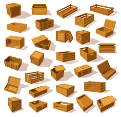 Set of isolated isometric wood boxes, containers