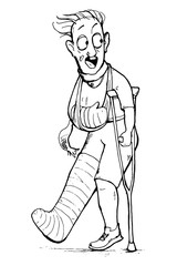 Fototapeta na wymiar Scared man with broken leg and arm trying to run away. Cartoon character. Vector illustration