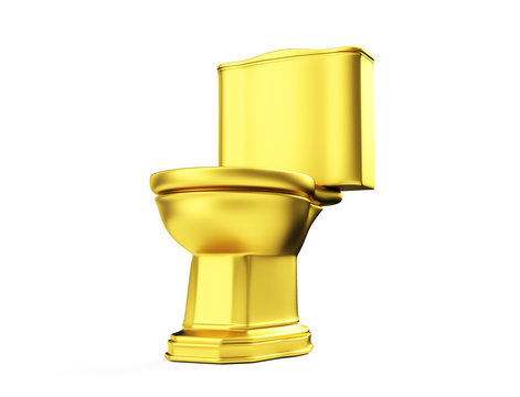 3d render of golden toilet bowl isolated on white background