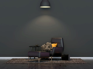 A lamp hangs above the armchair