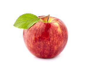 Red Apple with leaf isolated  on white background.