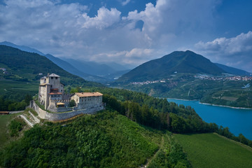 Fototapeta na wymiar Aerial view Lake Santa Giustina, Castel Cles, bridge over the lake. North of Italy.