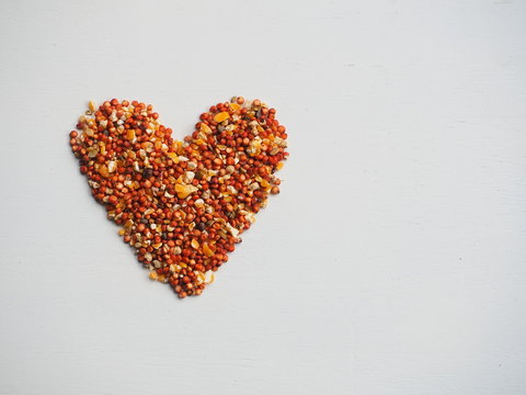Seed mixture background, Food for bird, Dried grains bird food, Bird seed heart shape on white wooden background.