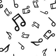 Music doodle icons seamless pattern. Hand drawn musical notes texture background.