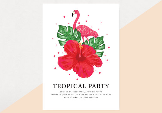 Tropical Party Invitation Layout with Flamingo and Flower