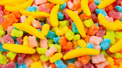 Assorted gummy candies. Top view. Jelly  sweets.