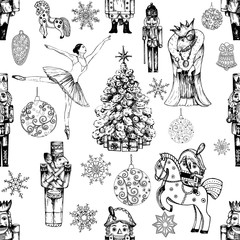 Seamless pattern of hand drawn sketch style characters and different objects related to The Nutcracker fairy tale isolated on white background. Vector illustration.