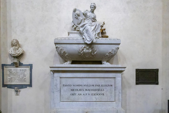 FLORENCE, TUSCANY/ITALY - OCTOBER 19 : Monument to Niccolo di Bernardo dei Machiavelli in Santa Croce Church in Florence on October 19, 2019