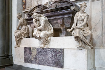 FLORENCE, TUSCANY/ITALY - OCTOBER 19 : Monument to Michelangelo di Lodovico Buonarroti Simoni in Santa Croce Church in Florence on October 19, 2019