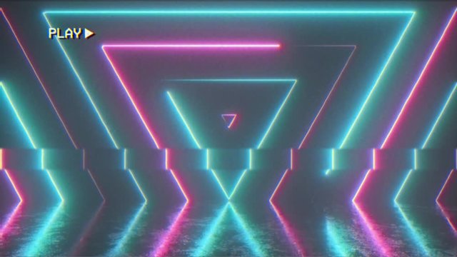Abstract background from seamlessly appearing neon colorful cube. Reflection in a scratched metal floor. Retro video effect, old 90s VHS videotape. Seamless loop 3d render.